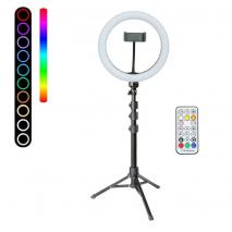 METTLE RGB Selfie-Ringleuchte SET RLS-10 Ø 25 cm, Ringlicht mit Stativ, FB, Smartphone-Halter, USB 