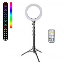 METTLE RGB Selfie-Ringleuchte SET RLS-8 Ø 20 cm, Ringlicht Ringlampe mit Stativ, FB, USB 